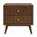 Walnut Wood Nightstand with 2 Drawers and Gold Metal Handles