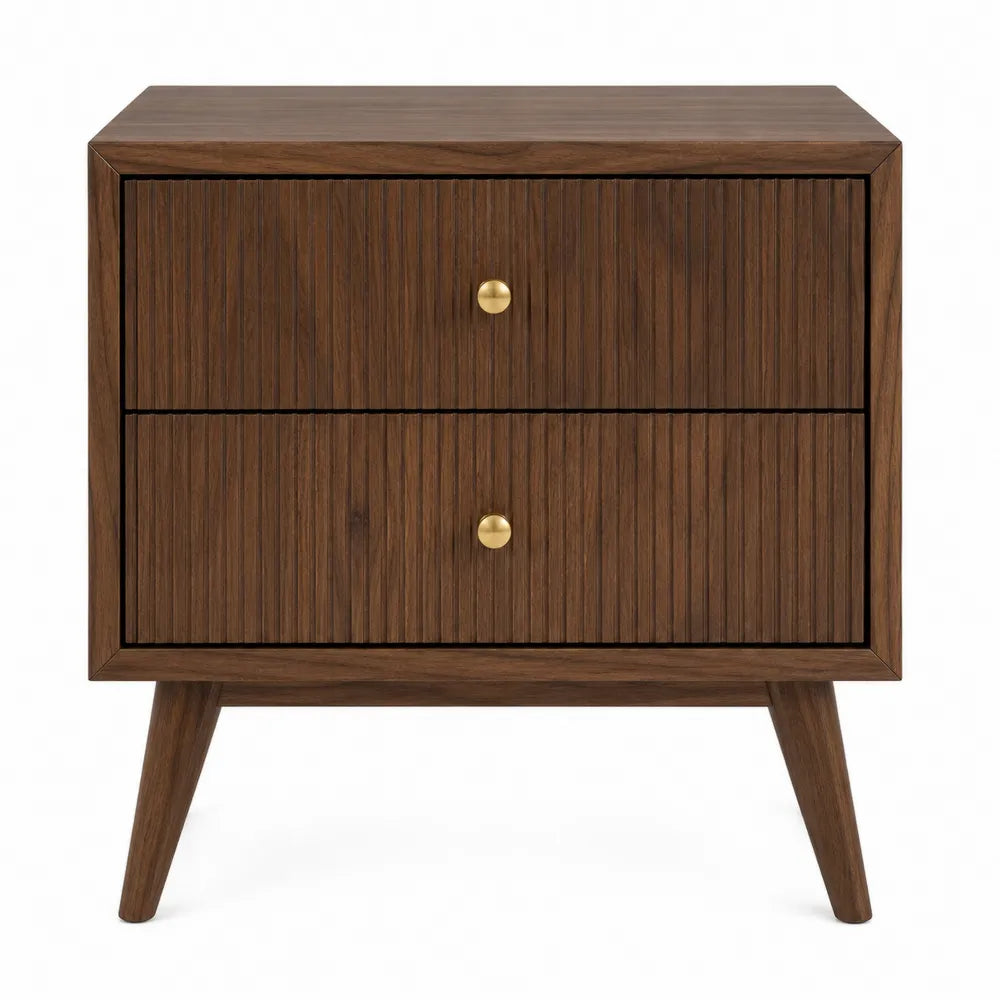 Walnut Wood Nightstand with 2 Drawers and Gold Metal Handles