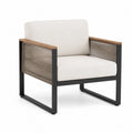 Outdoor Metal Armchair with Beige Polyester and Teak Armrests