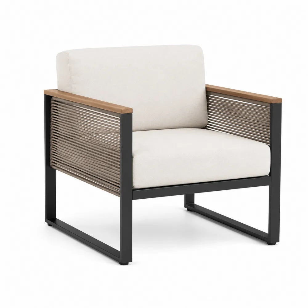 Outdoor Metal Armchair with Beige Polyester and Teak Armrests