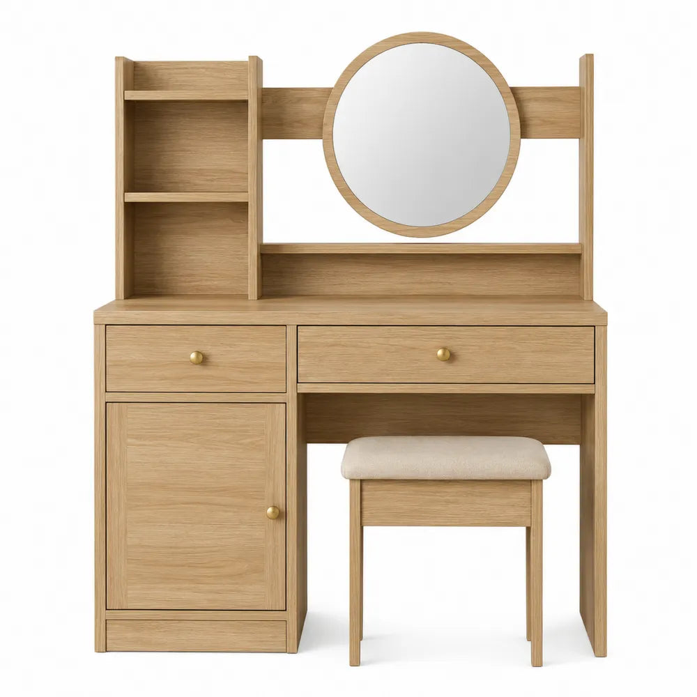 Wood Vanity Set with Mirror and Stool in Oak Finish