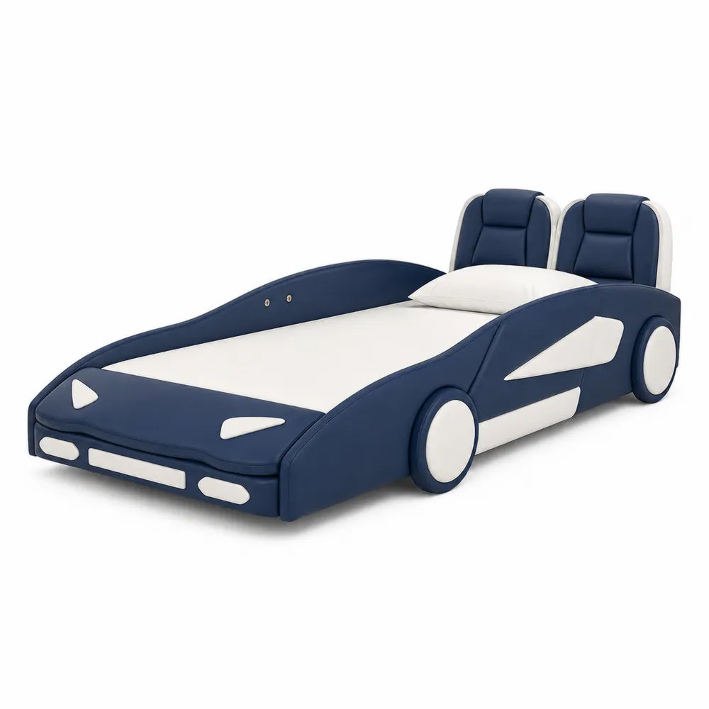 Car Shaped Children's Bed with PU Leather Blue and White 200cm x 100cm