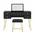 Black Vanity Set with Mirror and Stool, Gold Metal Legs, MDF