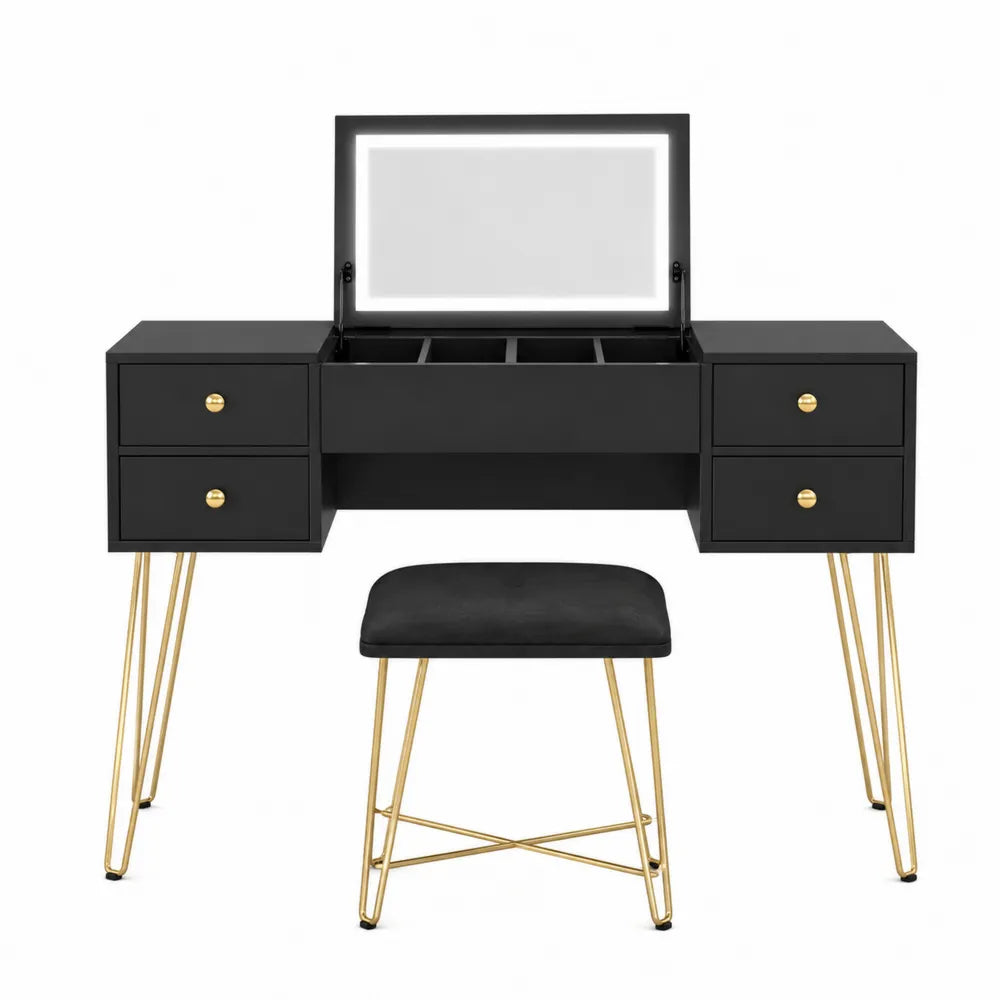 Black Vanity Set with Mirror and Stool, Gold Metal Legs, MDF