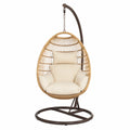 Wicker Hanging Egg Chair with Metal Frame and Beige Cushions