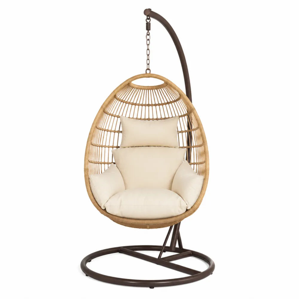 Wicker Hanging Egg Chair with Metal Frame and Beige Cushions