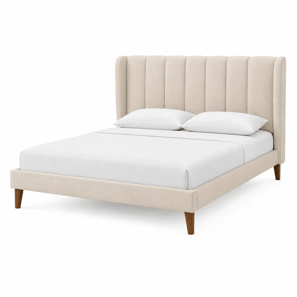 Queen Upholstered Bed with Channel Tufted Headboard Beige Fabric and Wooden Legs