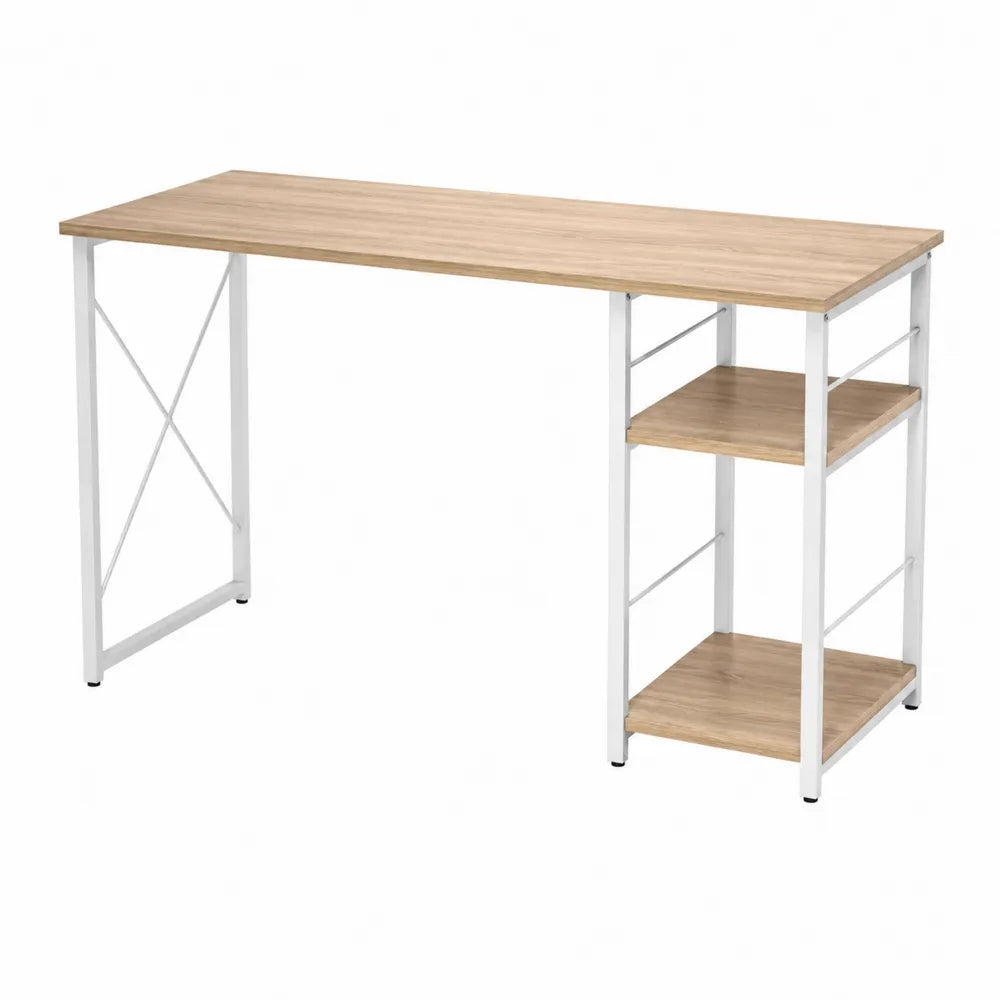 Wood and Metal Desk with Shelves Natural Finish and White Frame