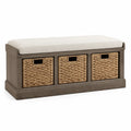 Wooden Storage Bench with Polyester Cushion and Woven Baskets