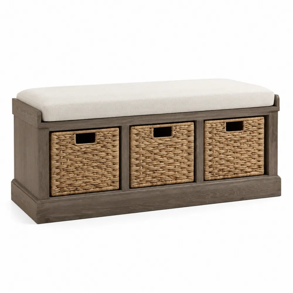 Wooden Storage Bench with Polyester Cushion and Woven Baskets