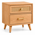 Oak and Rattan Nightstand with Two Drawers and Gold-Tone Handles