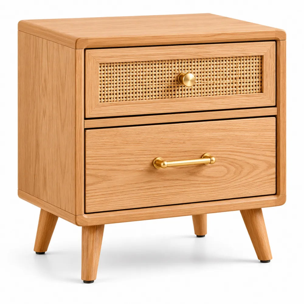 Oak and Rattan Nightstand with Two Drawers and Gold-Tone Handles