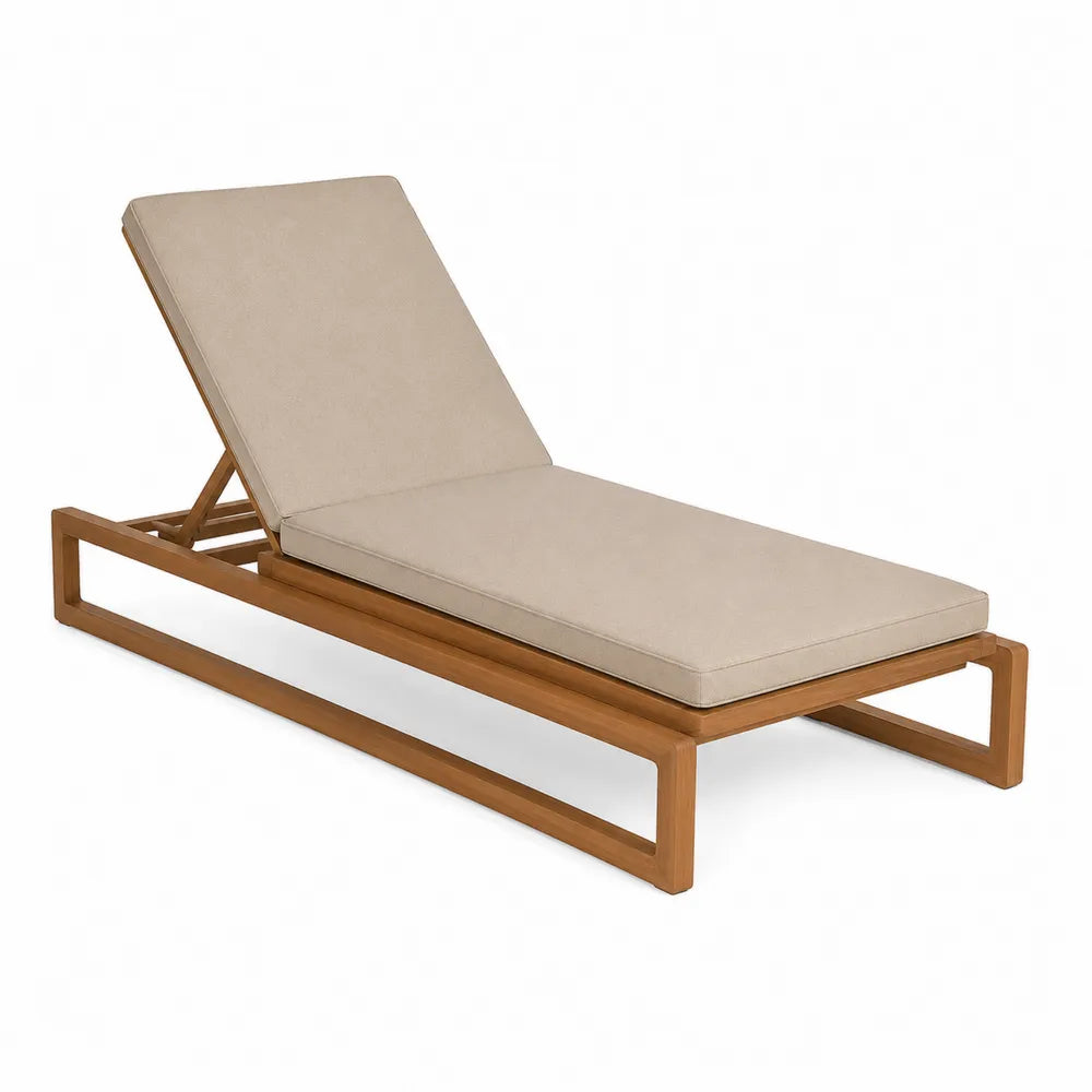 Teak Wood Outdoor Chaise Lounge with Beige Polyester Cushion