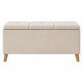 Beige Linen Upholstery Storage Ottoman with Wood Legs 120x40x45 cm