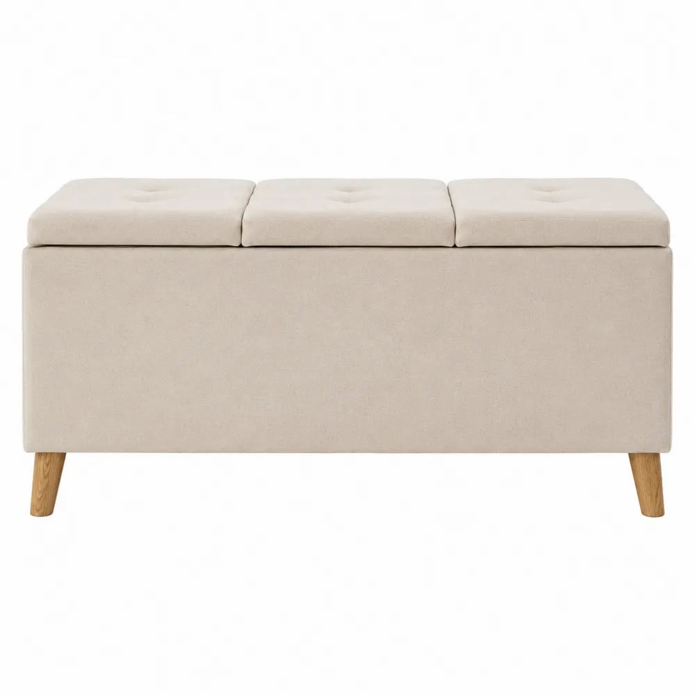 Beige Linen Upholstery Storage Ottoman with Wood Legs 120x40x45 cm