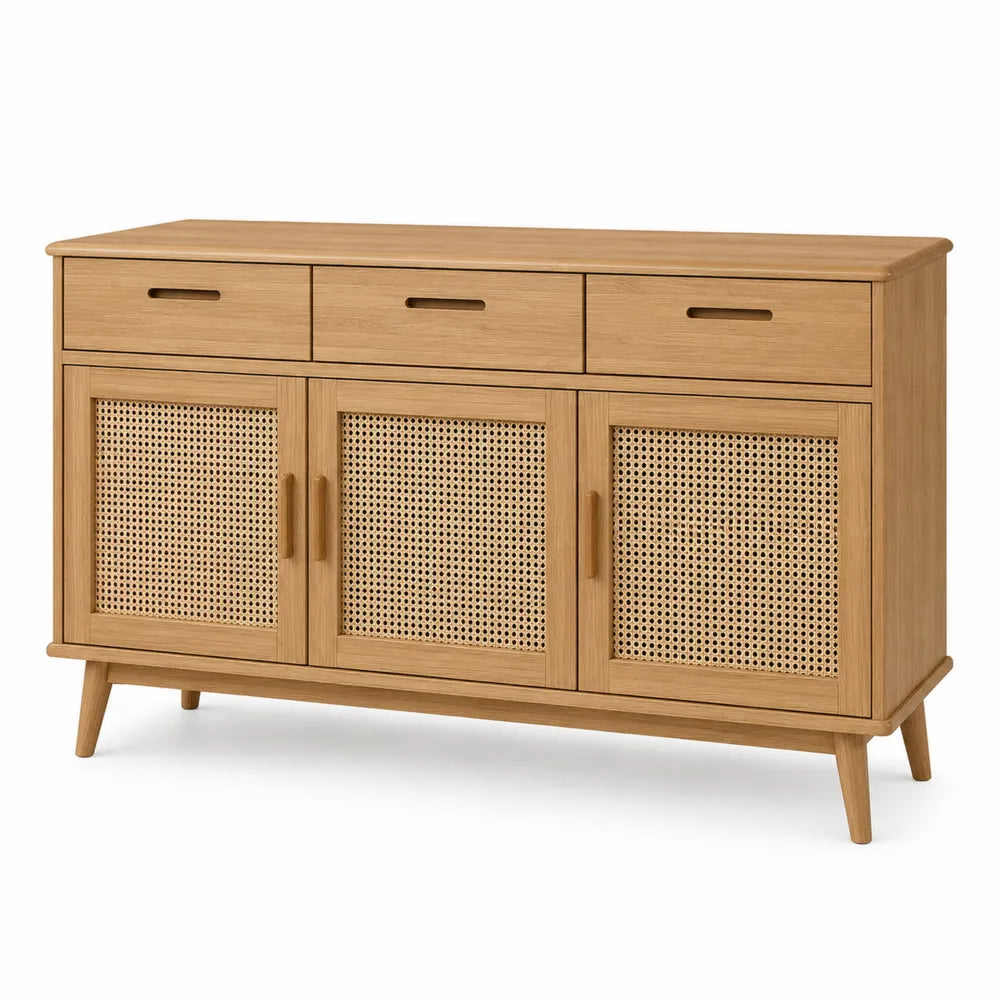 Wood Rectangular Sideboard with Rattan Doors and Drawers 150cm