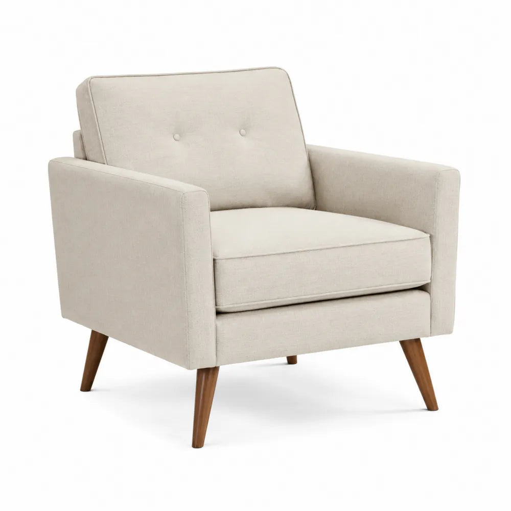 Beige Fabric Armchair with Solid Wood Legs