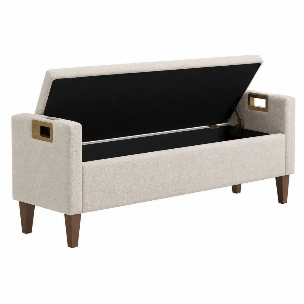 Beige Upholstered Storage Bench with Wood Legs 120cm