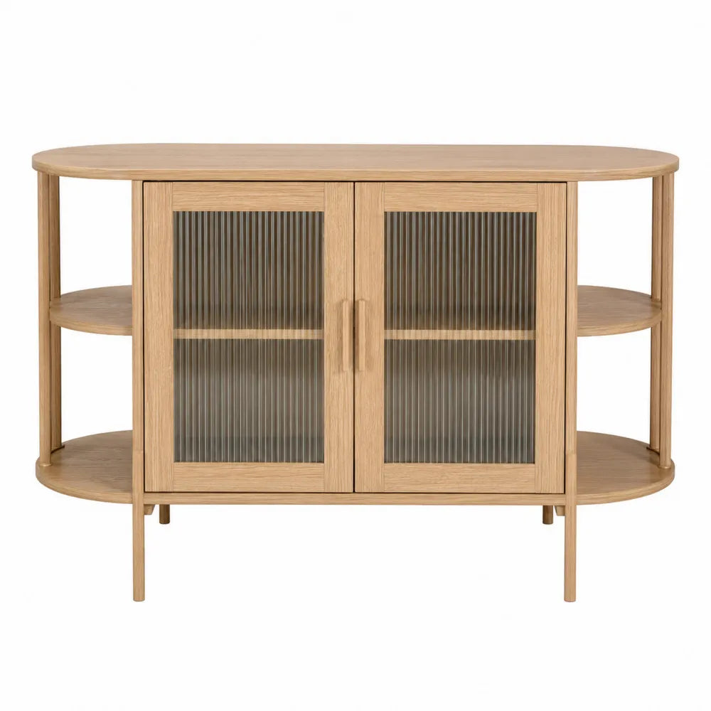 Oval Wood Sideboard with Fluted Glass Doors Natural Oak 110cm