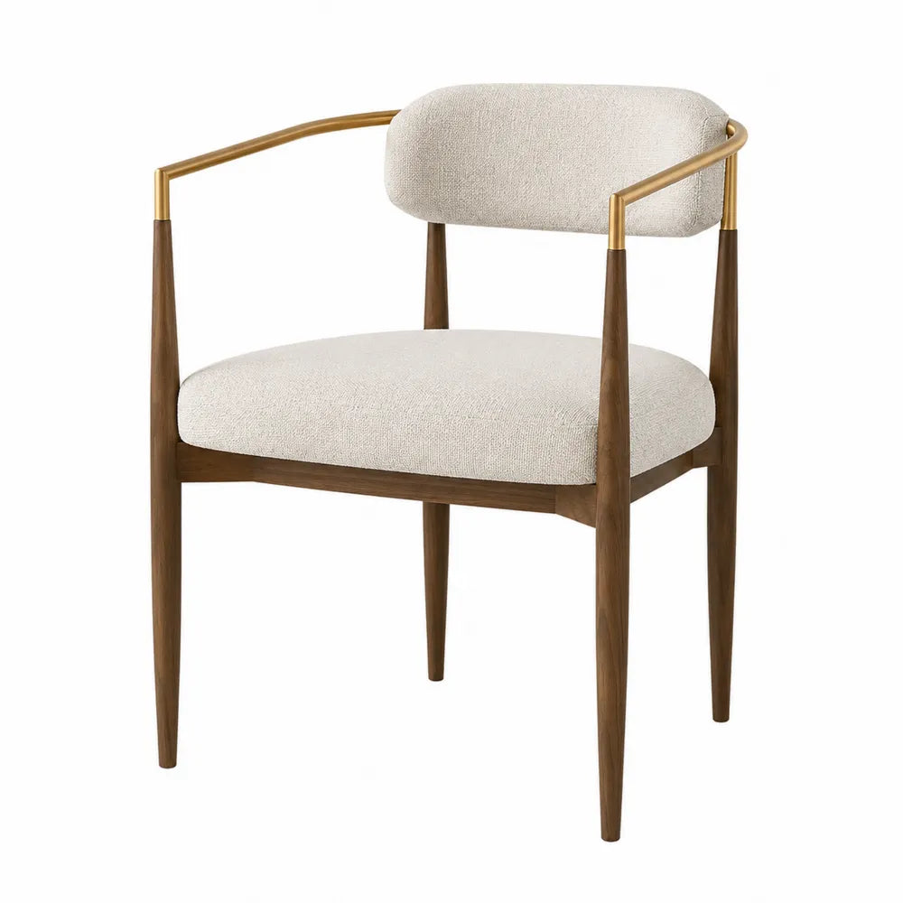 Walnut Dining Chair with Upholstered Fabric Seat and Brass Accents