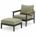Outdoor Metal and Wood Chair with Ottoman, Olive Green Cushions