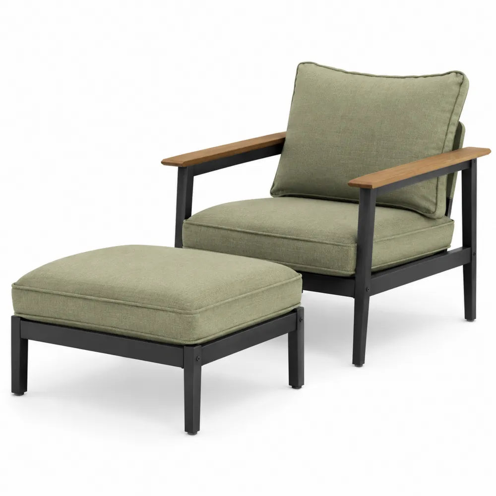 Outdoor Metal and Wood Chair with Ottoman, Olive Green Cushions