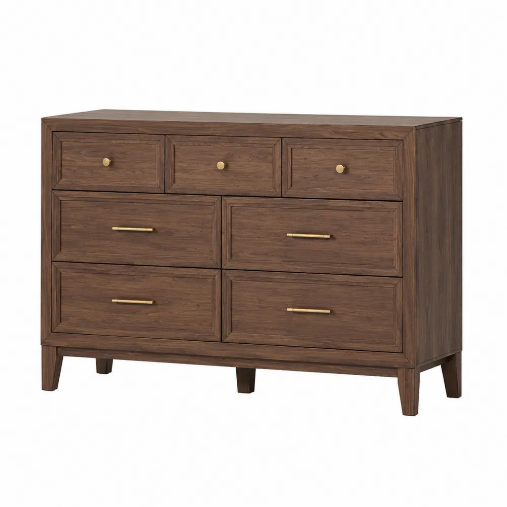 Wooden 7-Drawer Rectangular Dresser with Metal Handles, Brown, 120x45x90 cm