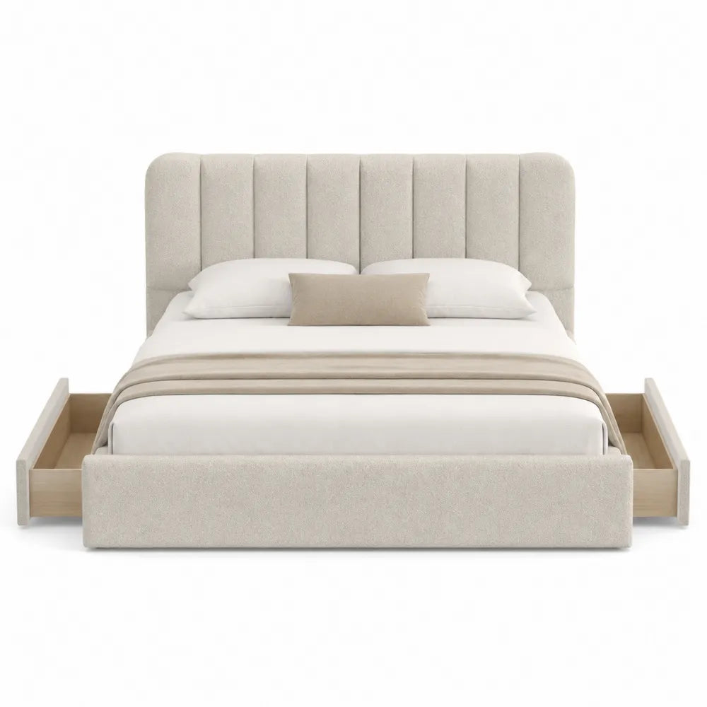 Queen Fabric Upholstered Bed with Storage Drawers Beige