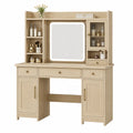 Wood Vanity Desk with LED Mirror, MDF and Tempered Glass, Beige