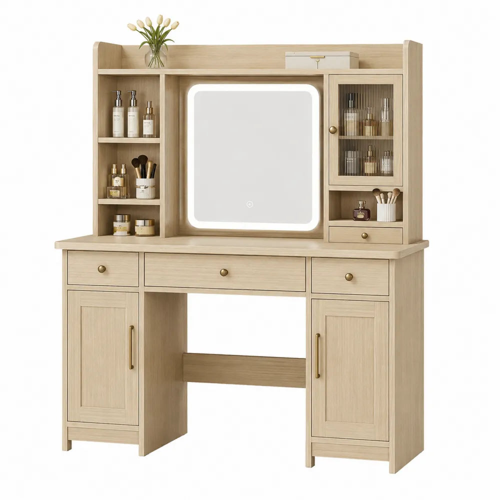 Wood Vanity Desk with LED Mirror, MDF and Tempered Glass, Beige