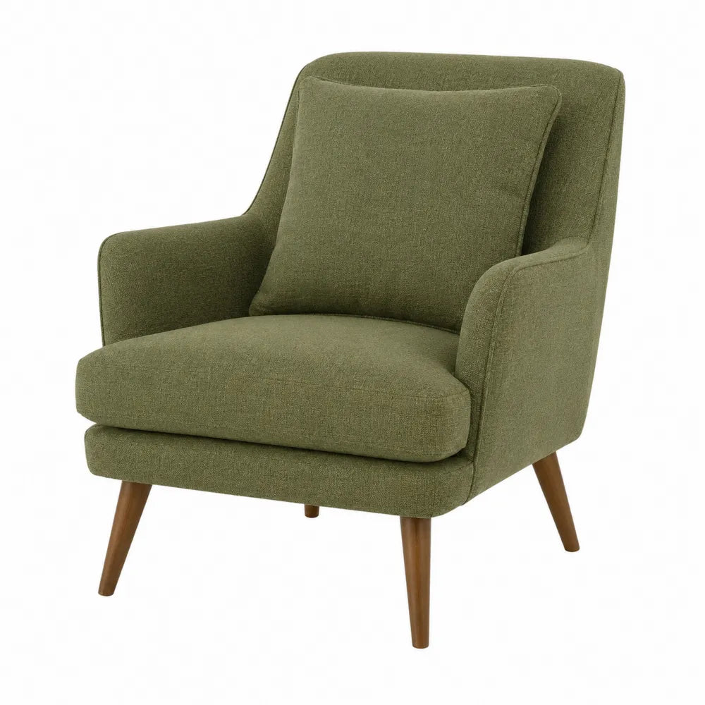 Green Linen Armchair with Wooden Legs
