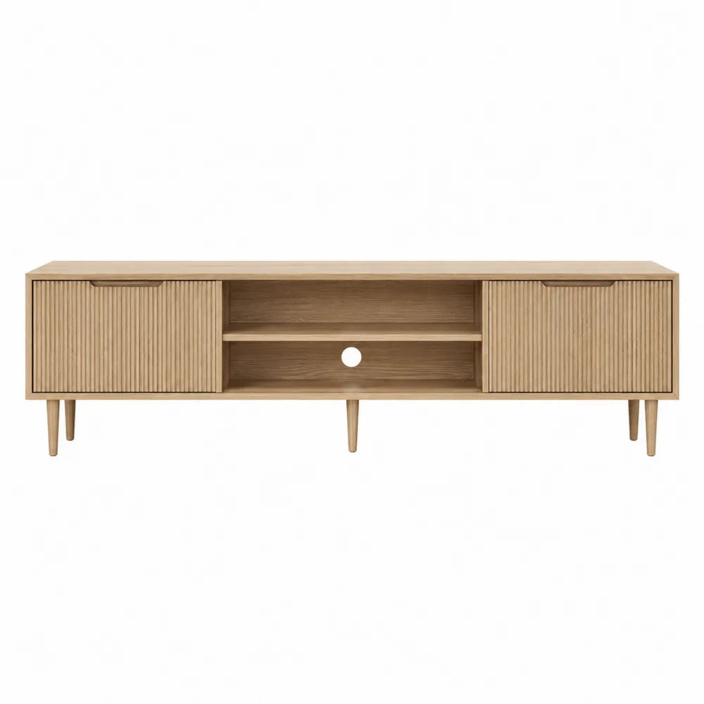 Oak TV Stand with Slatted Doors and Open Shelves 150cm