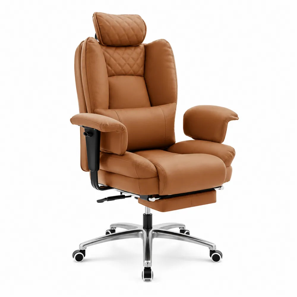 Ergonomic Reclining Office Chair PU Leather Brown with Footrest and Adjustable Armrests