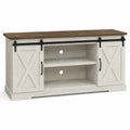 Wood TV Stand with Sliding Barn Doors White/Brown 60 x 18 x 28 inches