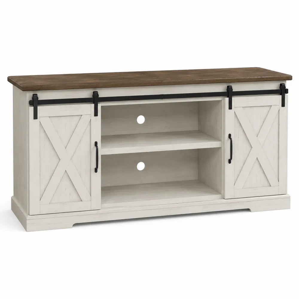 Wood TV Stand with Sliding Barn Doors White/Brown 60 x 18 x 28 inches