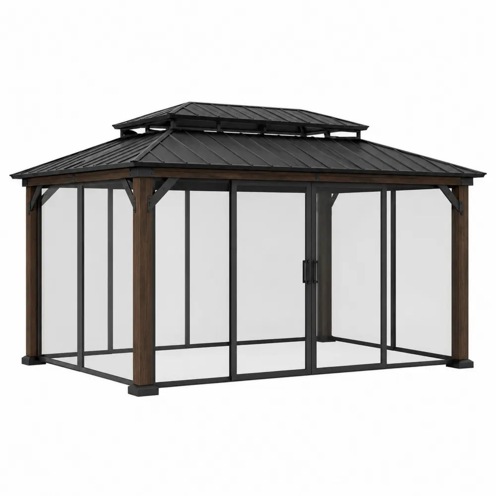 Outdoor Metal and Wood Gazebo with Sliding Doors 12ft x 10ft