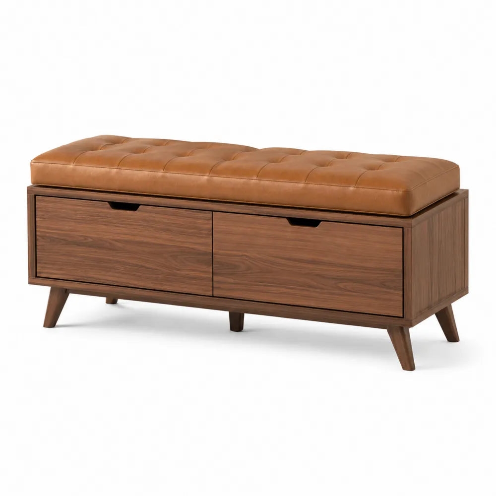 Wood Bench with Faux Leather Cushion and Storage, 120cm, Brown