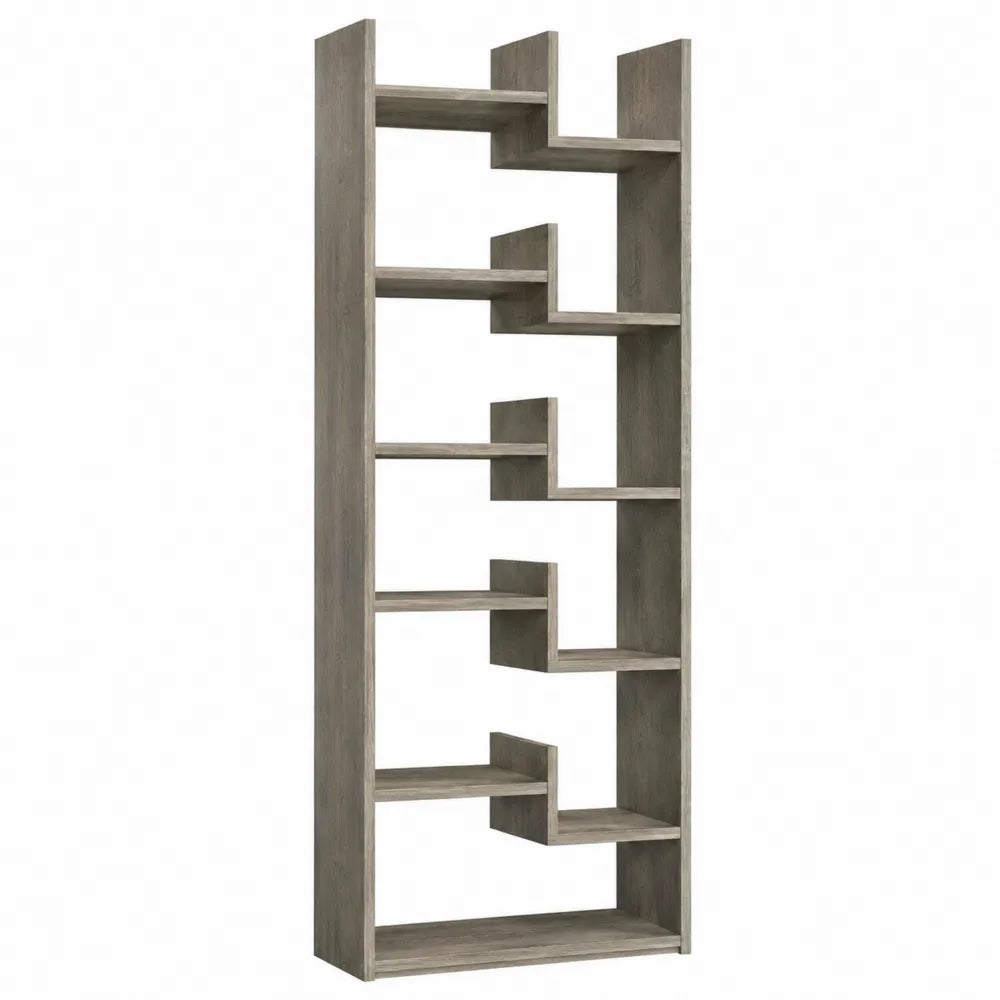 Geometric Wood Bookcase with Multiple Shelves, Gray