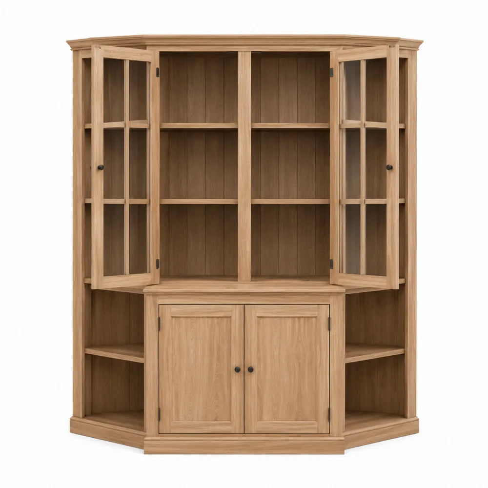 Corner Wooden Bookcase with Glass Doors and Storage Cabinet Oak 200x120x35 cm