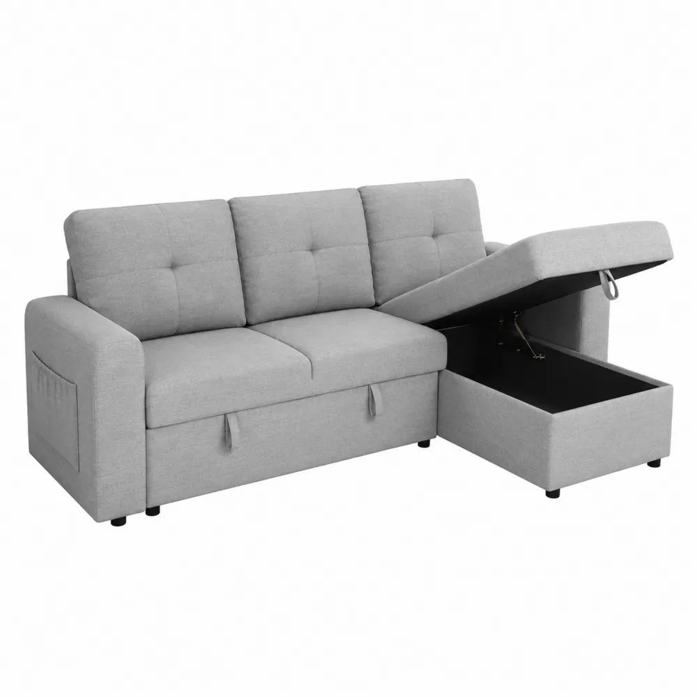 Fabric Sectional Sofa Bed with Storage Chaise 210cm Light Gray