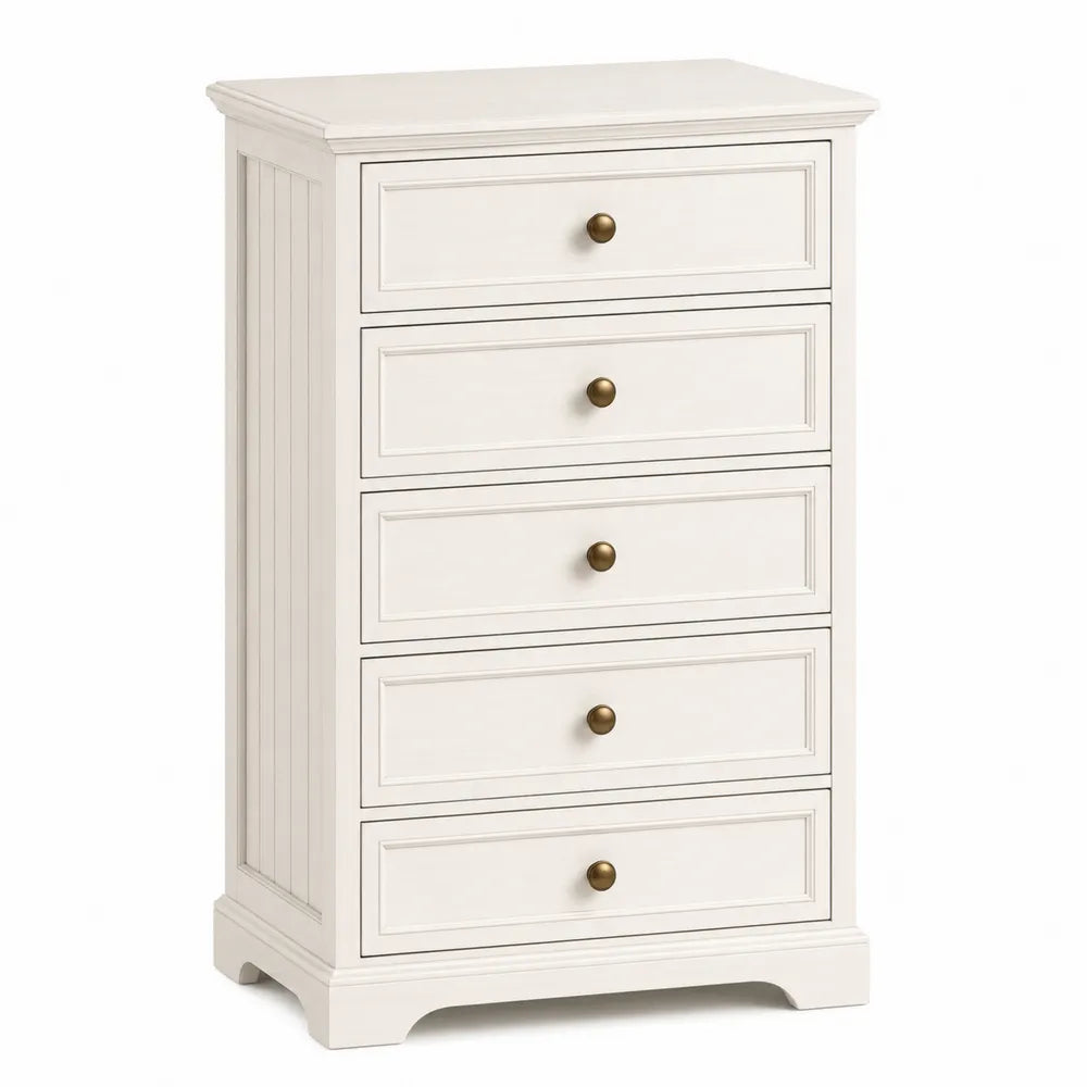 Wood Chest of Five Drawers with Metal Knobs White 120cm Tall